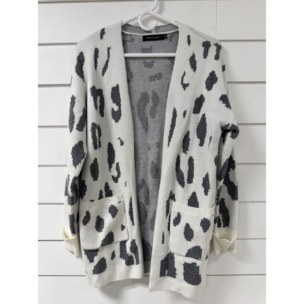 MEROKEETY Womens Leopard Print Open Front Cardigan White Grey Knit Sweater Small